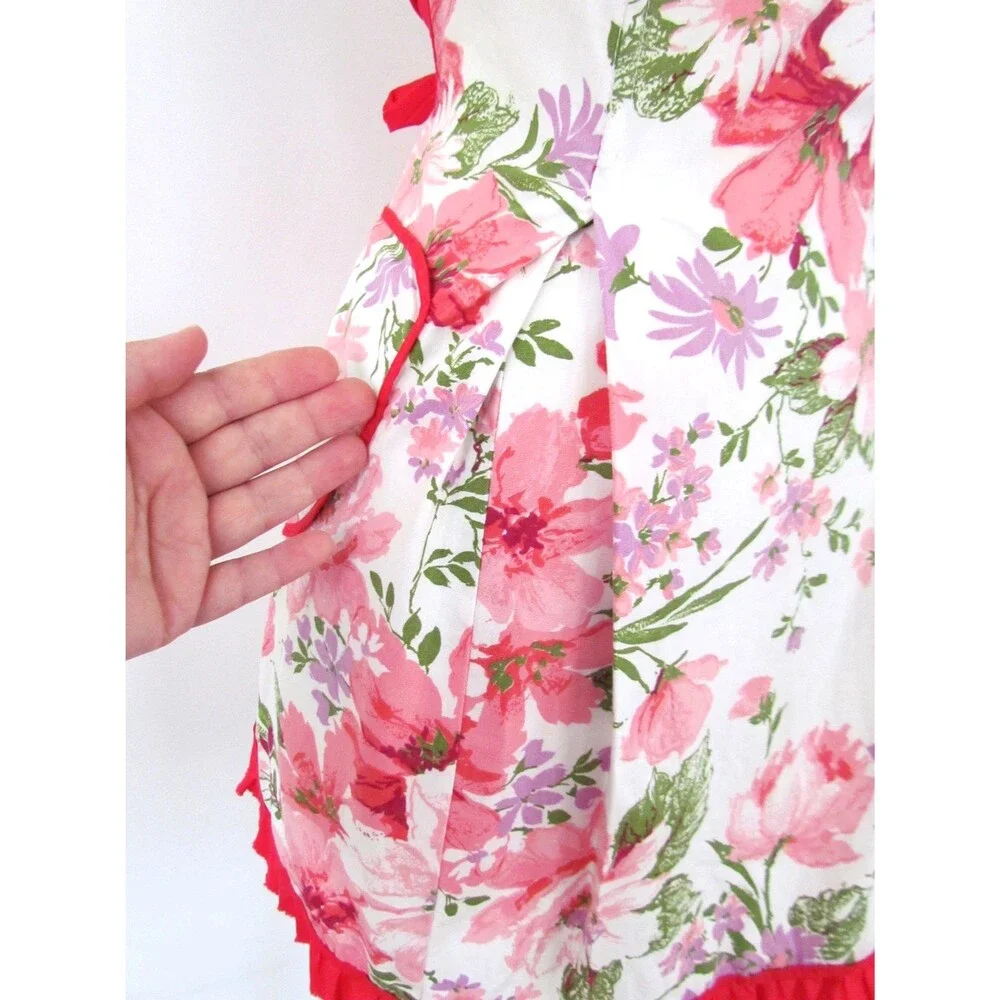 Vtg 1950s Strapless Hostess Apron Boned Floral Cotton Sweetheart Red Ruffle